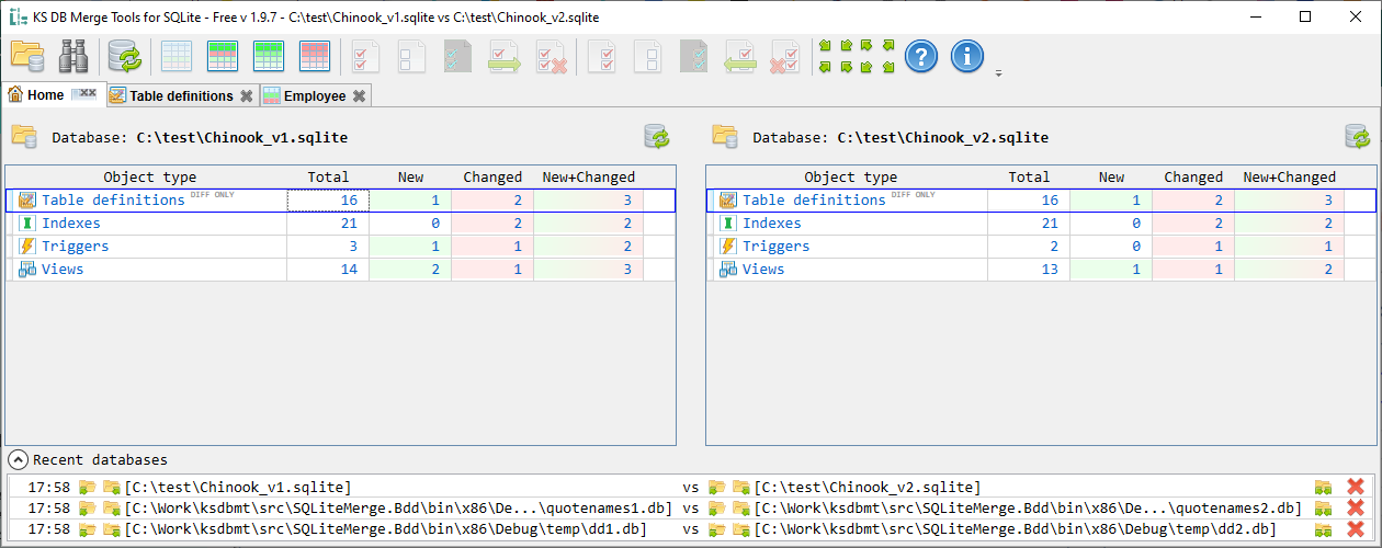 KS DB Merge Tools for SQLite Free - Schema changes summary