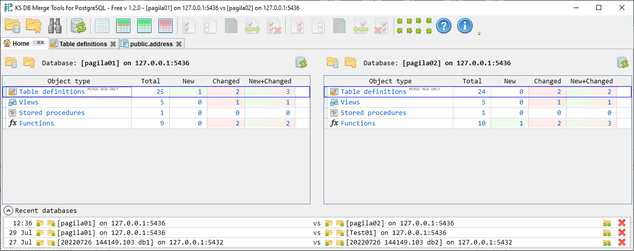 KS DB Merge Tools for PostgreSQL Free - Schema changes summary