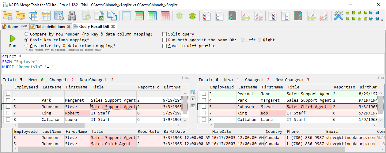 KS DB Merge Tools for SQLite - Compare ad-hoc query result